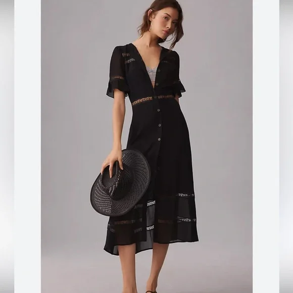 Reformation Black Midi Dress with Sheer Accents - Picture 1 of 8